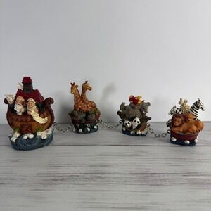 Vintage Noahs Ark Figurine Set 4 Piece Resin Animal Boat Chain Linked Decor